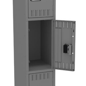 A tall gray metal locker with three compartments. The middle compartment door is open, revealing an empty space inside. The other two compartments are closed. Each compartment has a small black handle and vent slits for ventilation.