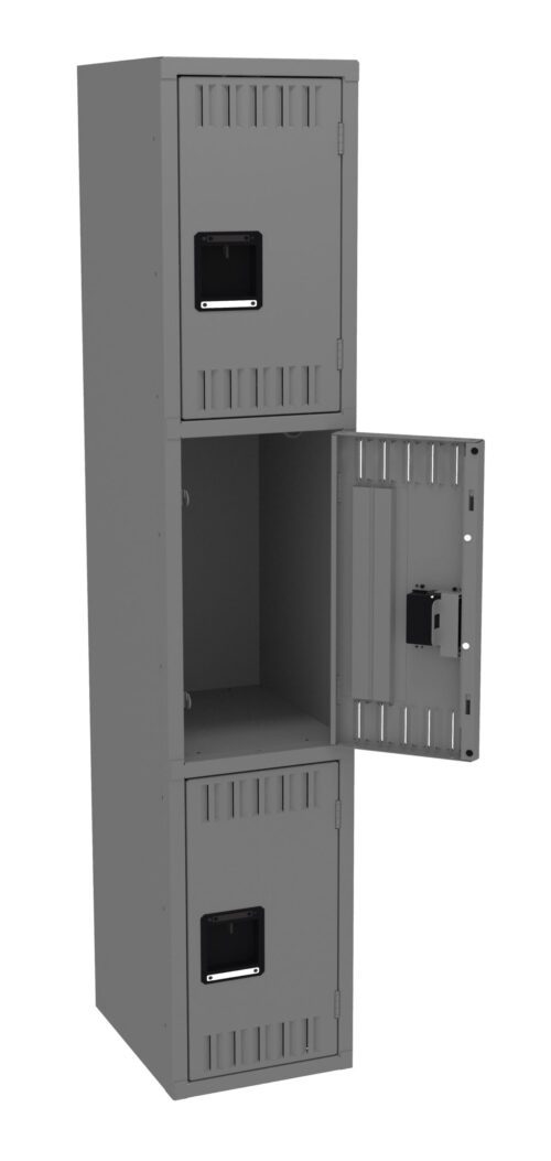 A tall gray metal locker with three compartments. The middle compartment door is open, revealing an empty space inside. The other two compartments are closed. Each compartment has a small black handle and vent slits for ventilation.