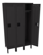 A three-compartment black metal locker with one door open, revealing an empty interior with a single hanging rod. The other two doors are closed. The locker stands on short legs and has ventilation slots at the top of each door.