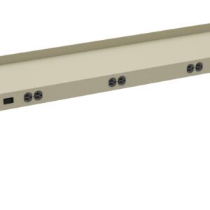 A long, beige metal shelf with several circular vents or connectors and a small rectangular slot on the front panel. The shelf has brackets on either end for mounting. The background is plain white.