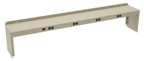 A long, beige metal shelf with several circular vents or connectors and a small rectangular slot on the front panel. The shelf has brackets on either end for mounting. The background is plain white.