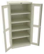 A beige metal storage cabinet with two open glass-paneled doors and five adjustable shelves. The cabinet is empty and stands against a white background.