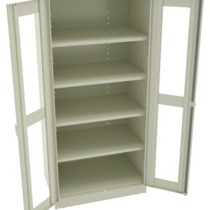 A beige metal storage cabinet with two open glass-paneled doors and five adjustable shelves. The cabinet is empty and stands against a white background.