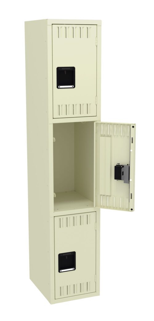 gr5b771pawa4d4ekht7i.jpg A tall, light beige locker with three compartments. The middle compartment door is open, showing the empty interior. The top and bottom compartments are closed. Each compartment has a black handle.
