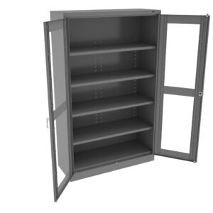 A gray metal storage cabinet with five shelves and double glass doors slightly open. The cabinet is empty and has a lock mechanism on one of the doors.