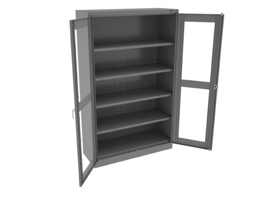 A gray metal storage cabinet with five shelves and double glass doors slightly open. The cabinet is empty and has a lock mechanism on one of the doors.