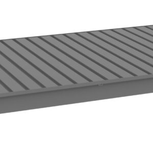 Image of a gray metal shelving unit viewed from above, showing a flat surface with parallel ridges. The shelf is supported by side brackets for mounting or stacking. The background is plain and white.