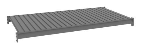 Image of a gray metal shelving unit viewed from above, showing a flat surface with parallel ridges. The shelf is supported by side brackets for mounting or stacking. The background is plain and white.