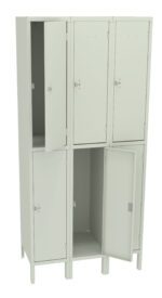 A beige metal locker unit with two rows of three lockers each. Some locker doors are open, revealing empty compartments inside. The unit stands on four legs.