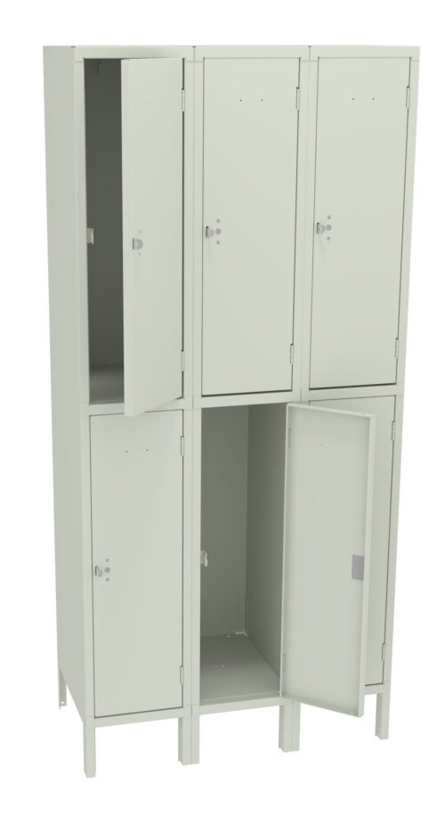 A beige metal locker unit with two rows of three lockers each. Some locker doors are open, revealing empty compartments inside. The unit stands on four legs.