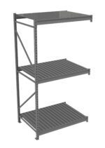 A gray metal shelving unit with three spacious, flat shelves. The shelving unit is sturdy, featuring open sides and a supportive back framework, suitable for storage or organization in a garage, warehouse, or industrial setting.