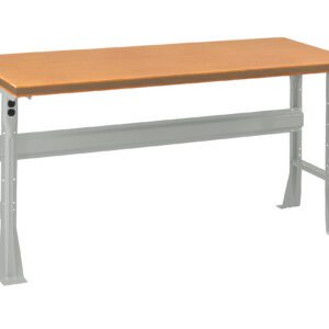 A wooden top workbench with sturdy, adjustable gray metal legs and a crossbar for support. The design is simple and functional, suitable for various workspaces.