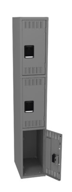 A tall, gray metal locker with three compartments, two of which are closed. The bottom compartment is open, revealing an empty space. Each door has a handle and vents at the top and bottom. The locker is set against a plain white background.