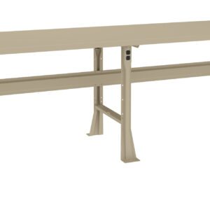 A long beige metal workbench with a flat top and sturdy angled legs. The design features two horizontal support bars for added stability. The bench is set against a plain white background.