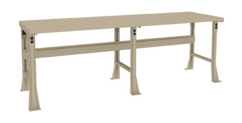 A long beige metal workbench with a flat top and sturdy angled legs. The design features two horizontal support bars for added stability. The bench is set against a plain white background.