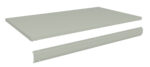A rectangular, light gray metal shelf is shown with a long metal rail beneath it. Both pieces have smooth surfaces and round holes at regular intervals, likely for assembly purposes.