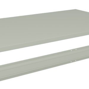 A rectangular, light gray metal shelf is shown with a long metal rail beneath it. Both pieces have smooth surfaces and round holes at regular intervals, likely for assembly purposes.
