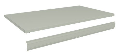 gs7hat6nev3qzwq74w2z.jpg A rectangular, light gray metal shelf is shown with a long metal rail beneath it. Both pieces have smooth surfaces and round holes at regular intervals, likely for assembly purposes.
