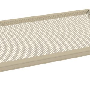 A beige rectangular metal mesh shelf with rounded edges. The shelf features a perforated surface with small uniform holes and is supported by a sturdy frame along its perimeter.