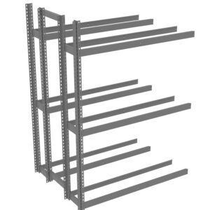 A grey metal shelving unit with multiple horizontal beams extending outward. The structure is open and ready for assembly, designed for storage and organization purposes.
