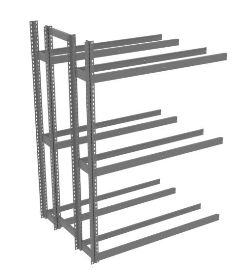 A grey metal shelving unit with multiple horizontal beams extending outward. The structure is open and ready for assembly, designed for storage and organization purposes.