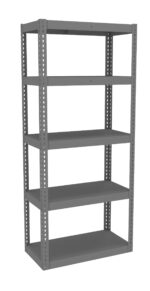 A tall, five-shelf metal shelving unit with evenly spaced, grey-colored shelves. The sturdy frame has perforated side supports and an open back design, suitable for storage or organizing items.