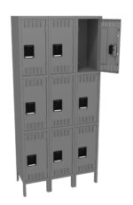 Gray metal locker unit with nine compartments, arranged in a 3x3 grid. Each locker has a black handle. The top right locker door is open, revealing an empty interior.