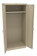 Beige metal storage cabinet with open doors. It has a shelf near the top and an empty space below, suitable for storing items. The cabinet also features ventilation slots along the doors.