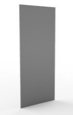 A tall rectangular metal sheet with perforated edges stands vertically against a white background.