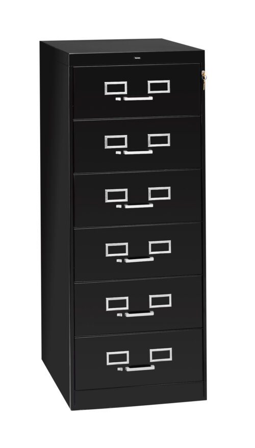 A black, tall filing cabinet with six drawers, each featuring silver handles and label slots. The top drawer has a key lock. The cabinet is clean and stands on a white background.