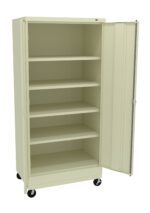 A cream-colored, tall metal storage cabinet on wheels with an open door, revealing five adjustable shelves inside. The cabinet has a simple, functional design.