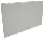 A large sheet of gray continuous form paper with perforated edges and small rectangular holes along the sides, used for dot matrix printers. The paper appears tilted at an angle against a white background.