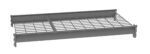 Image of a gray metal wire shelf with a grid pattern and raised edges. The shelf is rectangular with mounting brackets on the sides for installation.