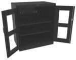 Black storage cabinet with open doors featuring two shelves inside. The doors have rectangular see-through panels and handles on the sides. The interior is spacious, designed for organizing and storing various items securely.
