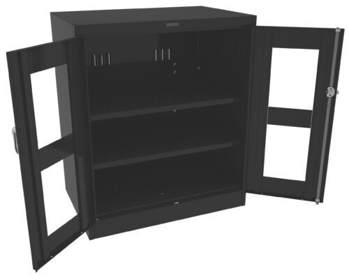 gtx1opu6vfifvrubwx6q.jpg Black storage cabinet with open doors featuring two shelves inside. The doors have rectangular see-through panels and handles on the sides. The interior is spacious, designed for organizing and storing various items securely.