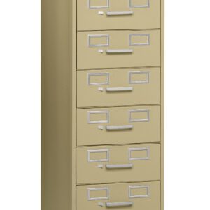 A beige vertical file cabinet with nine drawers, each featuring a silver handle and a label holder. The cabinet has a key lock near the top right.