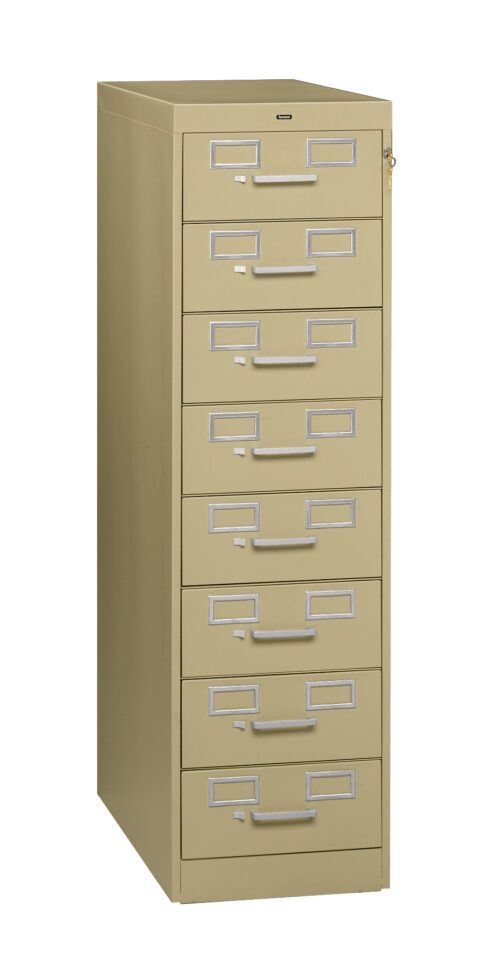 A beige vertical file cabinet with nine drawers, each featuring a silver handle and a label holder. The cabinet has a key lock near the top right.