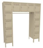 A beige, U-shaped locker system with multiple small compartments is shown. Each compartment has a vented door and a latch for securing items. The design includes two vertical columns with additional compartments across the top.