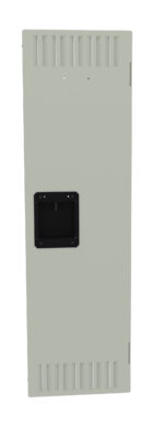 Tall, light gray metal door with ventilation slits at the top and bottom. It features a rectangular black handle at its center.