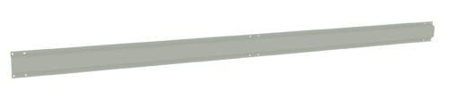 A long, flat, light gray metal bar with a smooth surface and four evenly spaced holes on each side, possibly used for structural or industrial purposes.