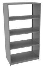 The gray Tennsco shelving, a five-shelf metal bookcase, stands empty with its minimalist design. Each evenly spaced shelf is supported by a sturdy frame and features a smooth finish, showcasing sleek and clean lines.