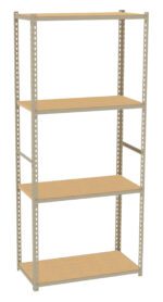 A metal shelving unit with four wooden shelves. The frame is made of beige metal, and the shelves are light brown. The unit is empty, standing upright against a plain white background.