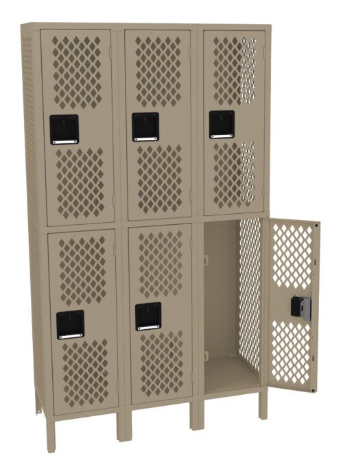 A bank of six beige metal lockers arranged in two rows of three. The lockers have perforated doors with a lattice pattern. One locker door is open, while the others are closed, and each door has a black handle.
