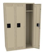 A beige, triple-door metal locker with one door open, revealing a clothing rod and an empty interior. The locker has rectangular black handles and ventilation slots at the top and bottom of each door.