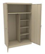 A beige metal storage cabinet with an open door, revealing a clothing rod on one side and four shelves on the other. The cabinet is empty and has handles on both doors.