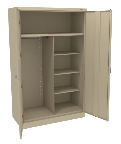 A beige metal storage cabinet with an open door, revealing a clothing rod on one side and four shelves on the other. The cabinet is empty and has handles on both doors.