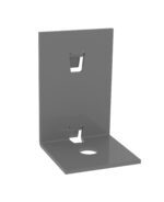 A gray metal bracket with an L-shaped design featuring two rectangular cutouts on the vertical section and a circular hole in the horizontal section. Its suitable for supporting or mounting structures.