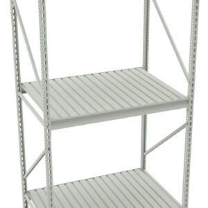 A tall, light gray metal shelving unit with three adjustable shelves and supportive crossbars. The shelves have a slatted design, suitable for storage or organizing items. The structure is sturdy and industrial-looking.