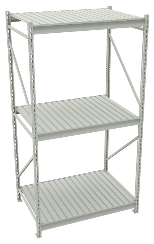 gvxtplqfwrwxibemxdwv.jpg A tall, light gray metal shelving unit with three adjustable shelves and supportive crossbars. The shelves have a slatted design, suitable for storage or organizing items. The structure is sturdy and industrial-looking.