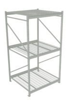 A gray, metal storage rack with three levels, featuring grid-style shelves and diagonal support bars on the sides and back. It is standing against a white background.